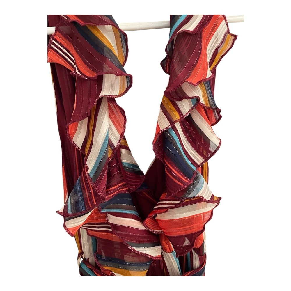 Luxxel Striped Ruffle V-Neck Maxi Dress Multi-Color Metallic Detail‎ Small - Picture 4 of 6